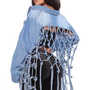 Fashion Nova Dream Catcher Denim Jacket - Medium Wash with Fringe Detail